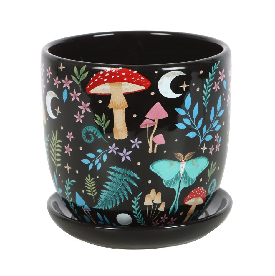 Dark Forest Print Ceramic Plant Pot With Saucer