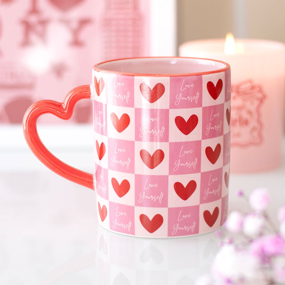 Love Yourself Checkerd Mug With Hearts Handle