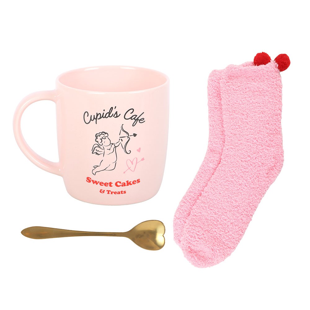 Cupid's Cafe Mug, Spoon And Sock Set